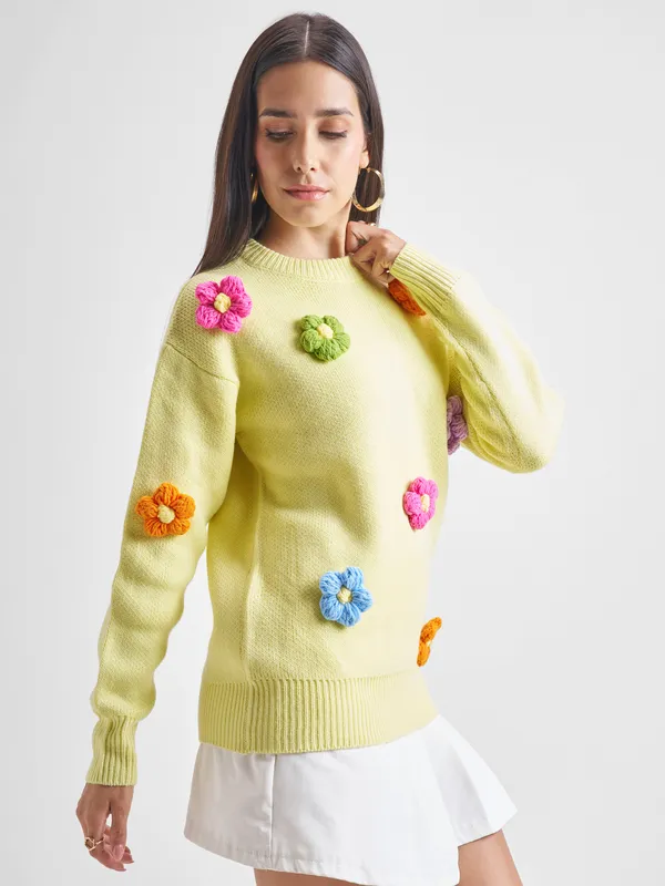 Tokyo Talkies Women Yellow Round Neck Sweater