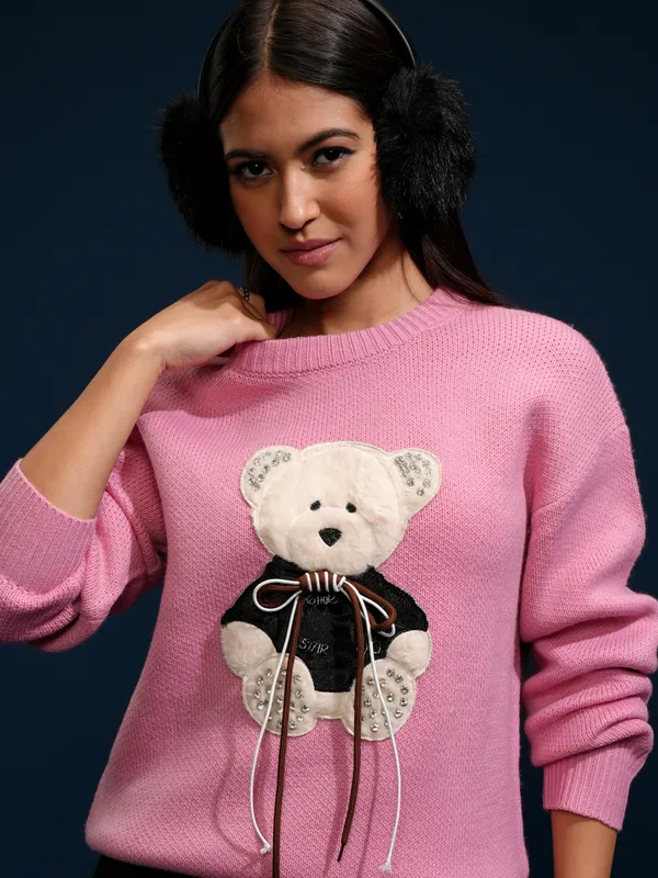 Tokyo Talkies Women Pink Round Neck Sweater