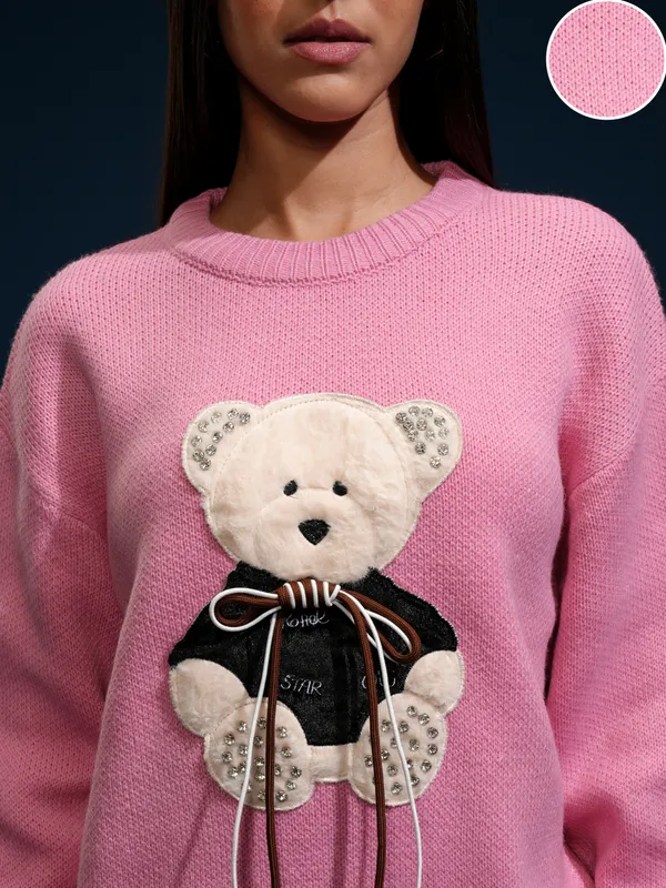 Tokyo Talkies Women Pink Round Neck Sweater