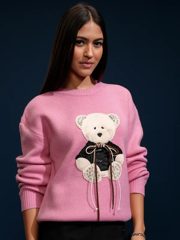 Tokyo Talkies Women Pink Round Neck Sweater