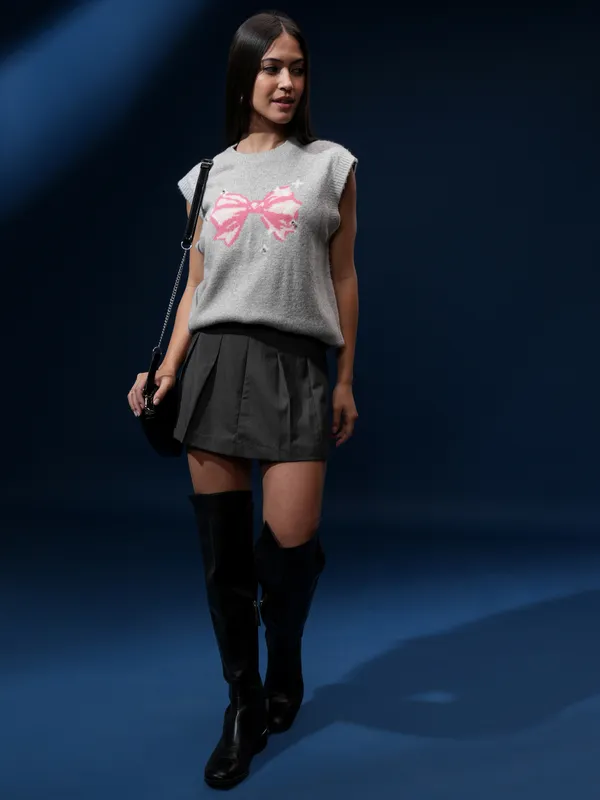 Tokyo Talkies Women Grey Round Neck Sweater