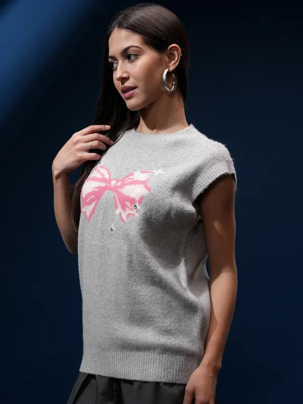 Tokyo Talkies Women Grey Round Neck Sweater