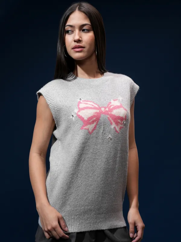 Tokyo Talkies Women Grey Round Neck Sweater