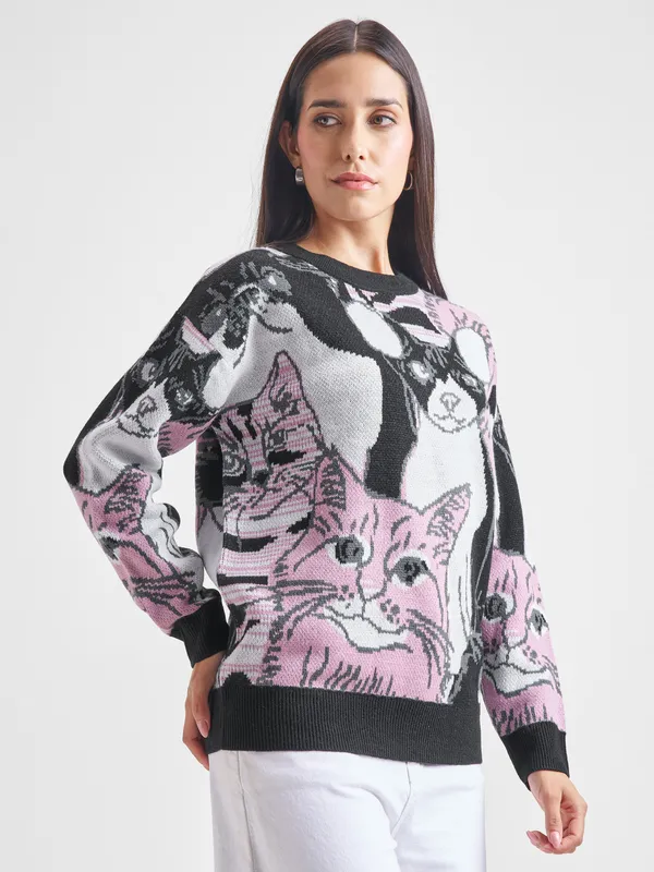 Tokyo Talkies Women Black Round Neck Sweater