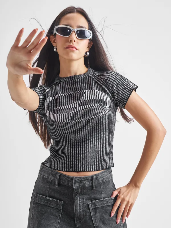 Tokyo Talkies Women Black Round Neck Sweater