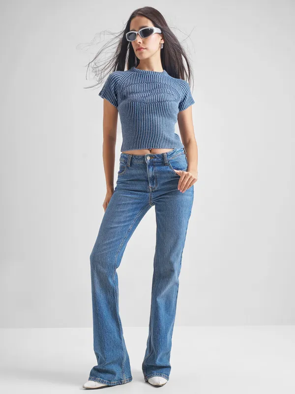 Tokyo Talkies Women Blue Round Neck Sweater