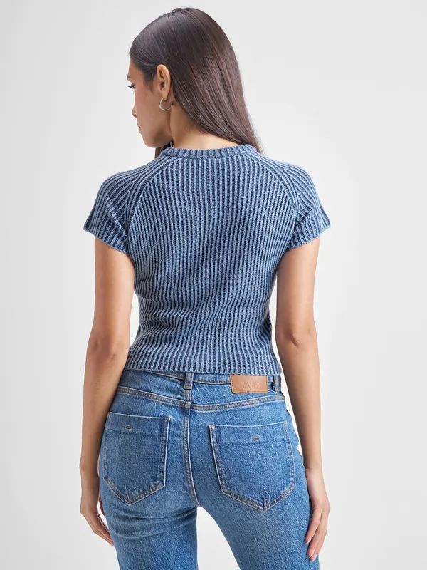 Tokyo Talkies Women Blue Round Neck Sweater