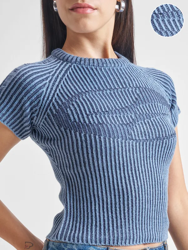 Tokyo Talkies Women Blue Round Neck Sweater