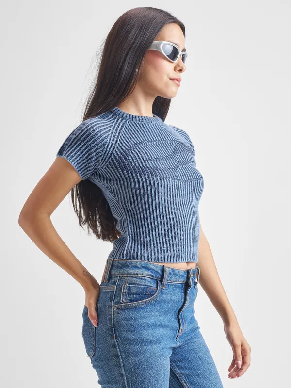 Tokyo Talkies Women Blue Round Neck Sweater