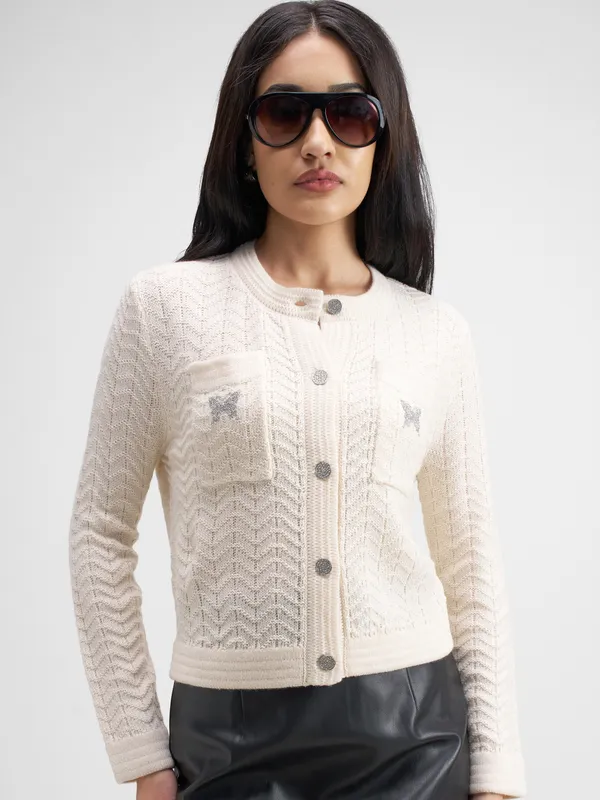 Tokyo Talkies Women Off White Round Neck Sweater
