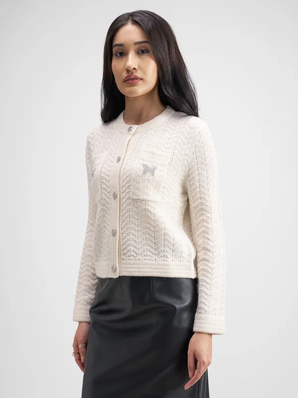 Tokyo Talkies Women Off White Round Neck Sweater