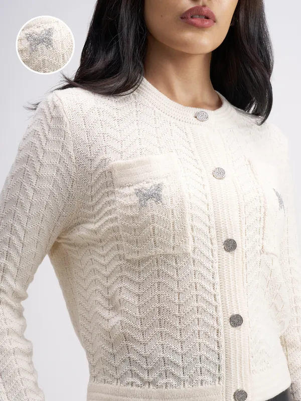 Tokyo Talkies Women Off White Round Neck Sweater