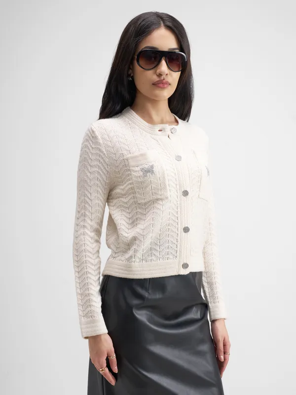 Tokyo Talkies Women Off White Round Neck Sweater