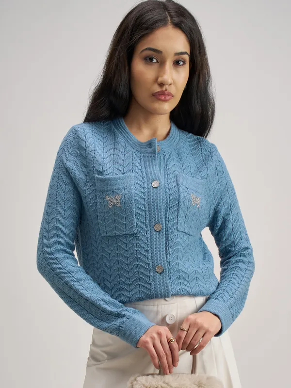 Tokyo Talkies Women Blue Round Neck Sweater
