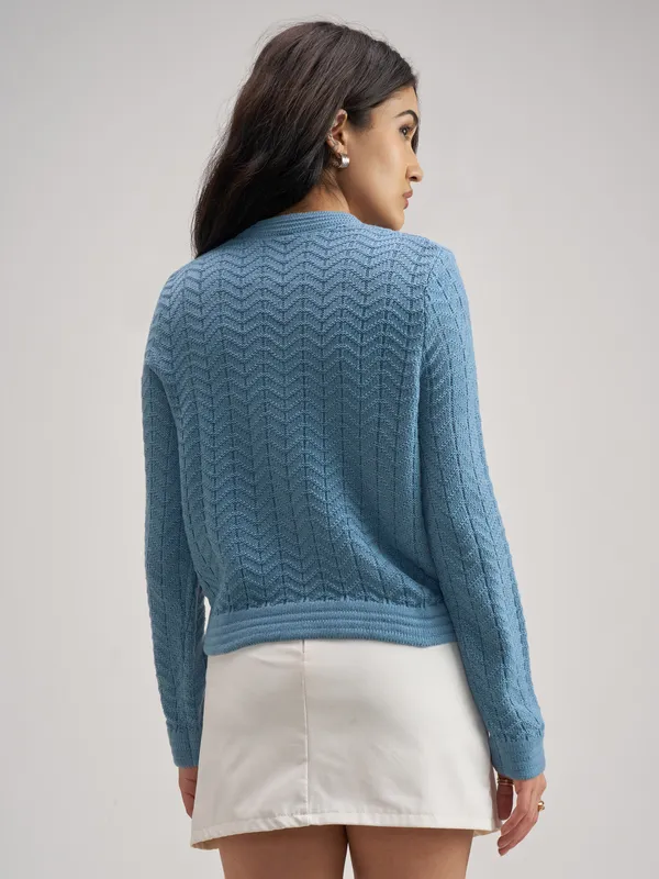 Tokyo Talkies Women Blue Round Neck Sweater