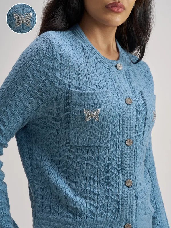 Tokyo Talkies Women Blue Round Neck Sweater