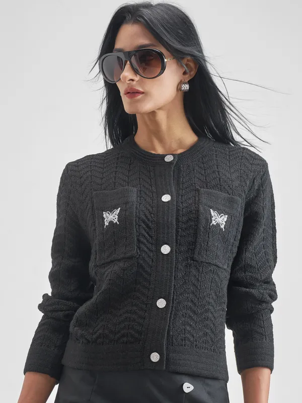 Tokyo Talkies Women Black Round Neck Sweater