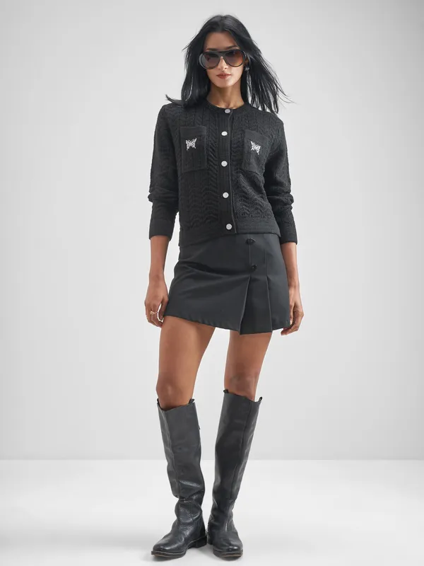 Tokyo Talkies Women Black Round Neck Sweater