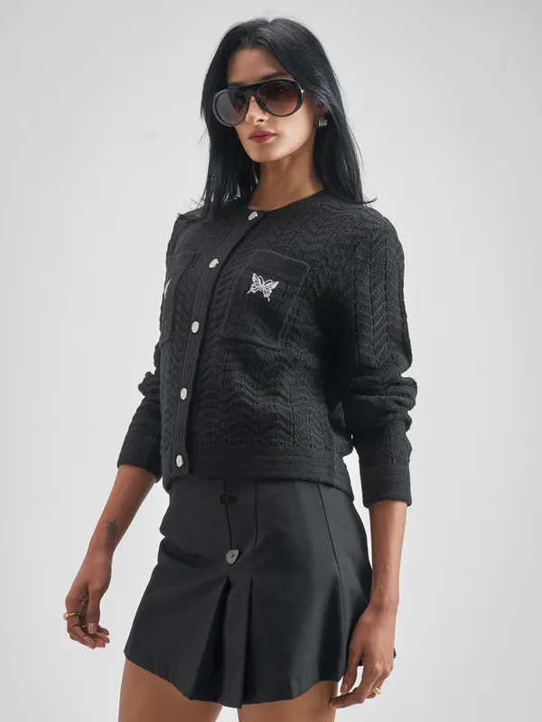 Tokyo Talkies Women Black Round Neck Sweater