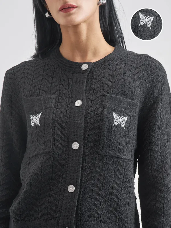 Tokyo Talkies Women Black Round Neck Sweater