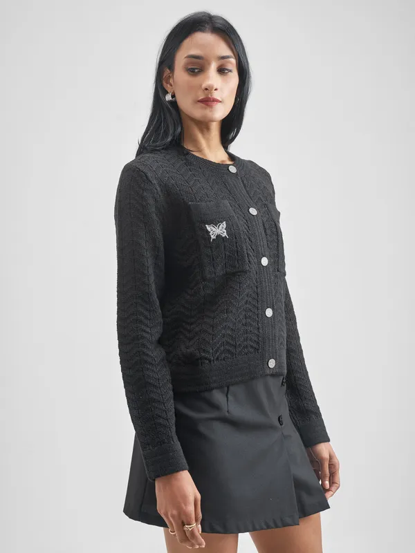 Tokyo Talkies Women Black Round Neck Sweater