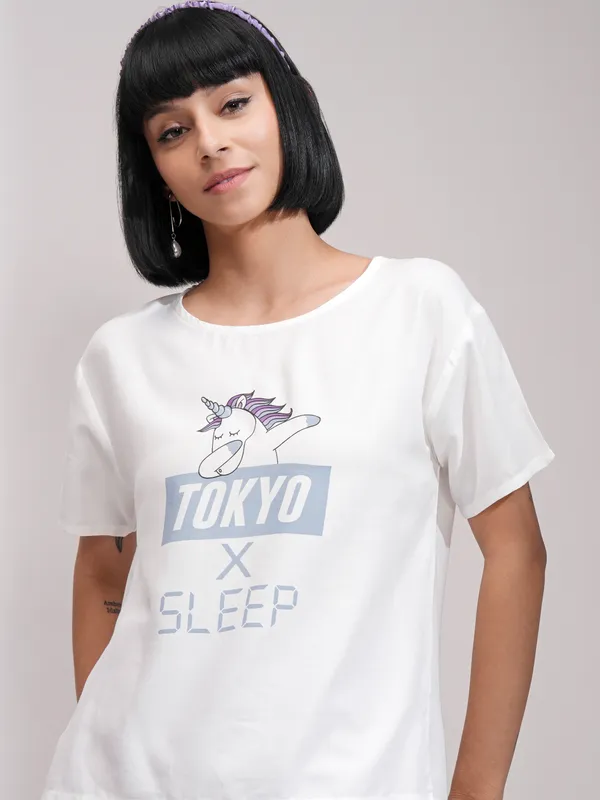 Tokyo Talkies Women White Printed Regular Top