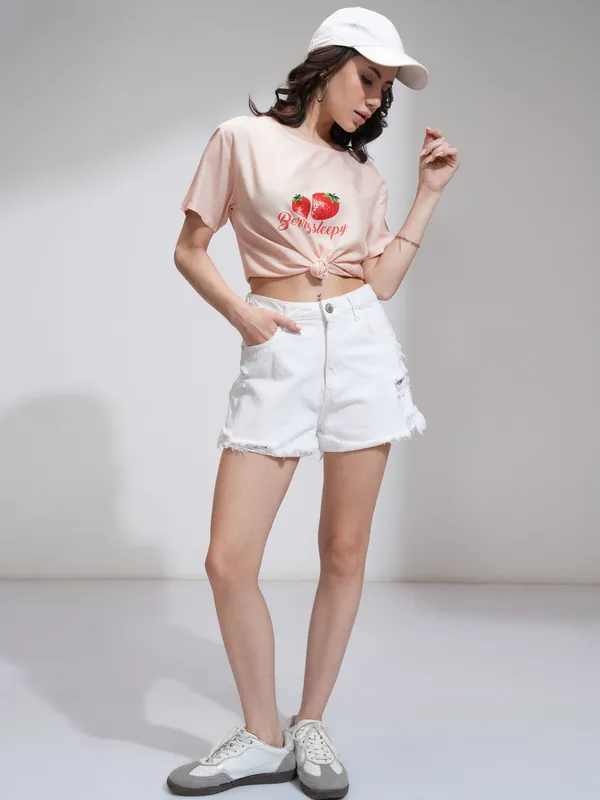 Tokyo Talkies Women Peach Printed Regular Top