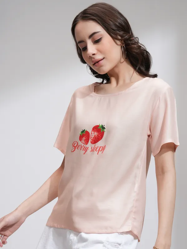 Tokyo Talkies Women Peach Printed Regular Top
