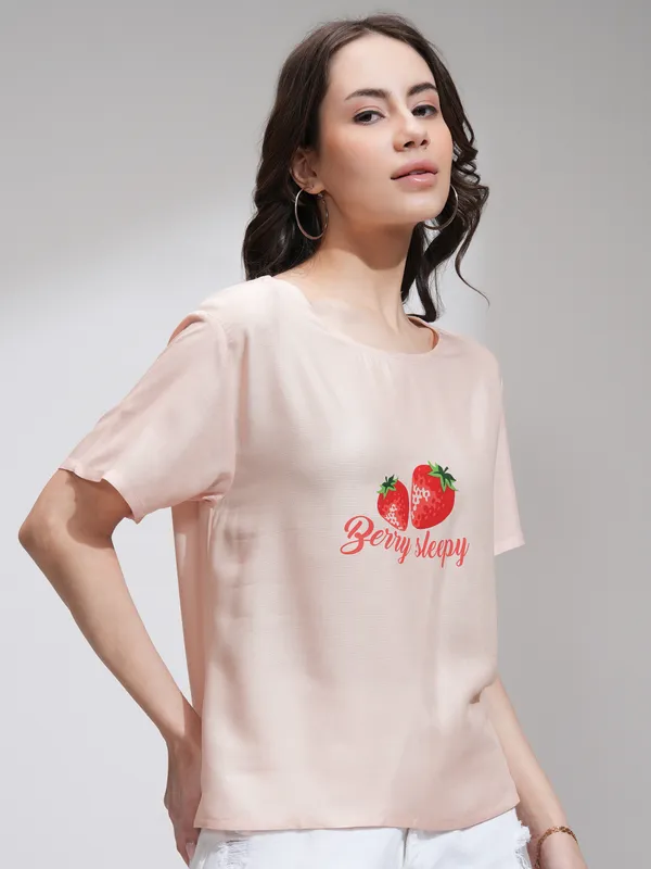 Tokyo Talkies Women Peach Printed Regular Top