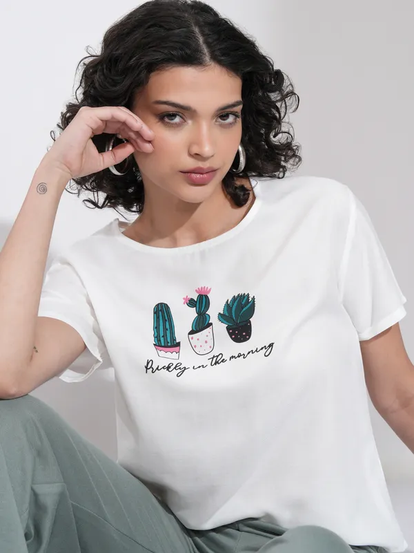 Tokyo Talkies Women White Printed Regular Top