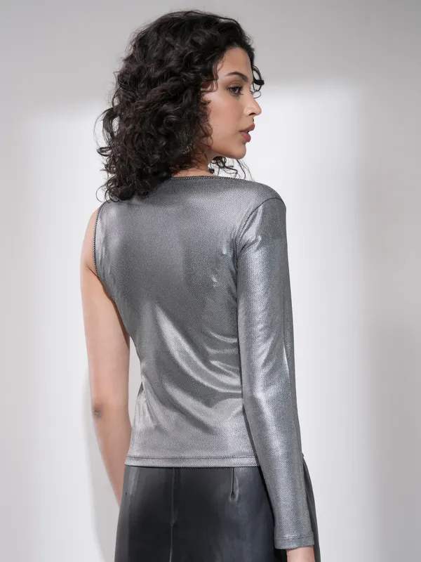 Tokyo Talkies Women Silver Solid Fitted Top