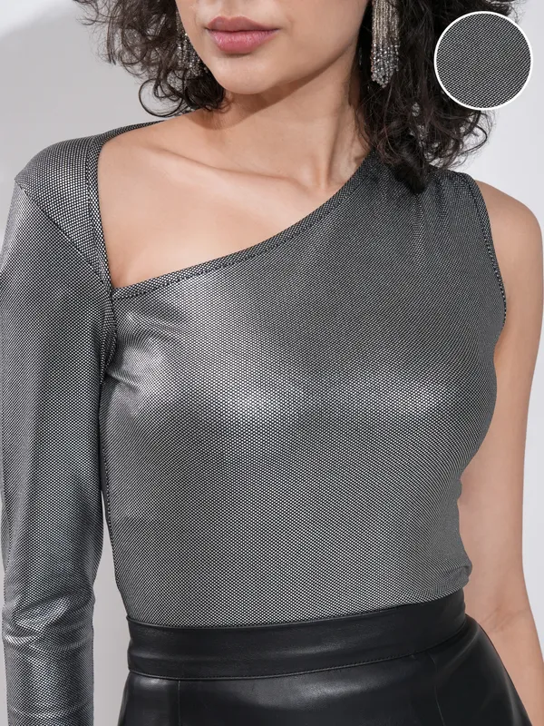 Tokyo Talkies Women Silver Solid Fitted Top