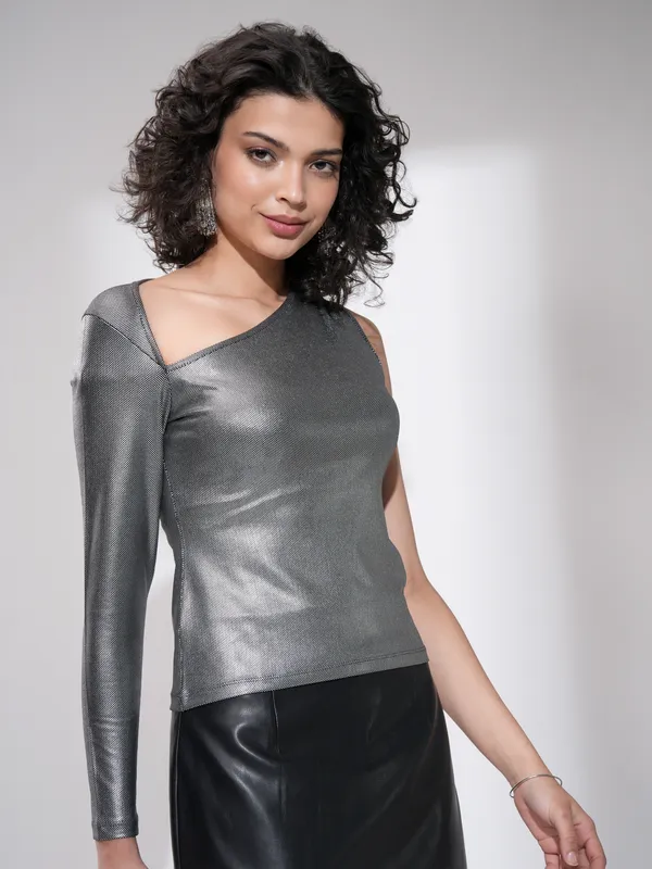 Tokyo Talkies Women Silver Solid Fitted Top