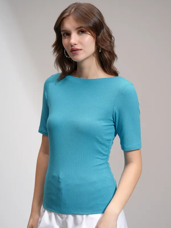 Tokyo Talies Women Blue Solid Fitted Top