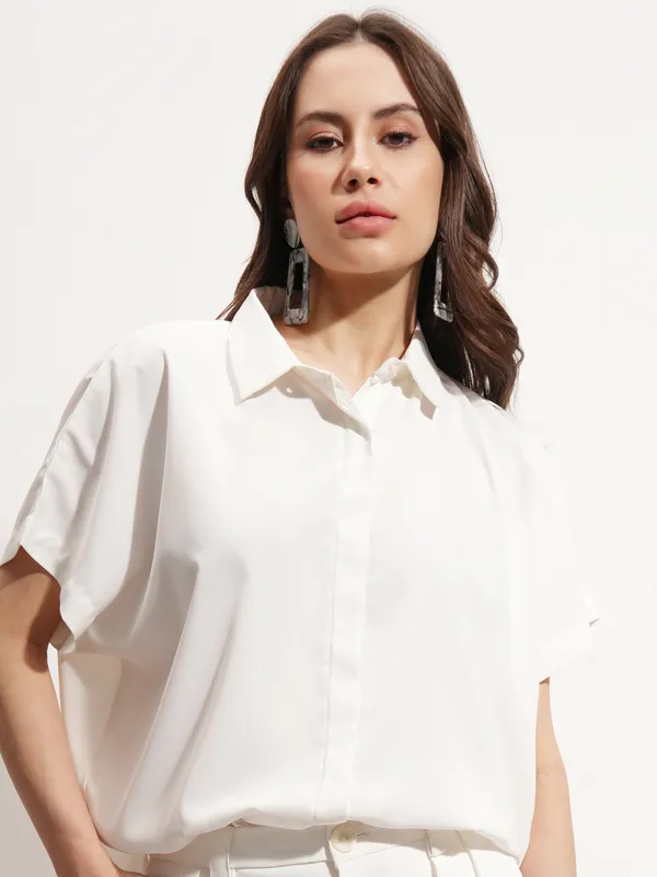Tokyo Talkies Women Off White Solid Shirt Style Top
