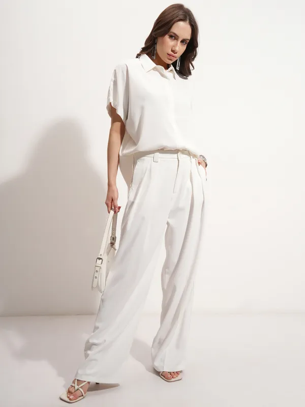 Tokyo Talkies Women Off White Solid Shirt Style Top