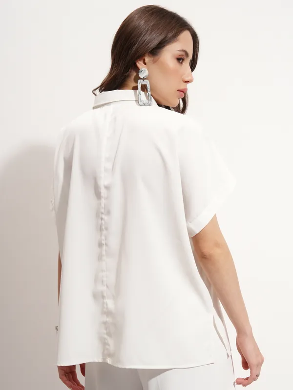 Tokyo Talkies Women Off White Solid Shirt Style Top