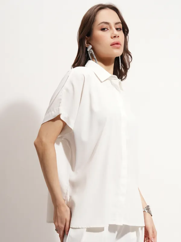 Tokyo Talkies Women Off White Solid Shirt Style Top