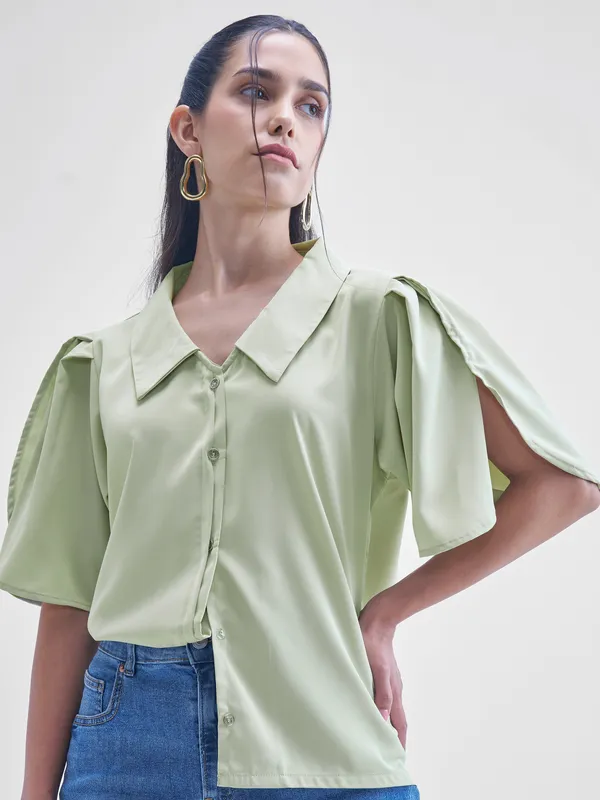 Tokyo Talkies Women Green Solid Shirt Style Top