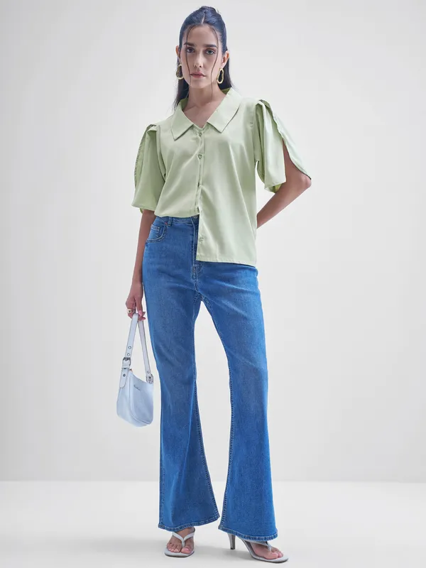 Tokyo Talkies Women Green Solid Shirt Style Top