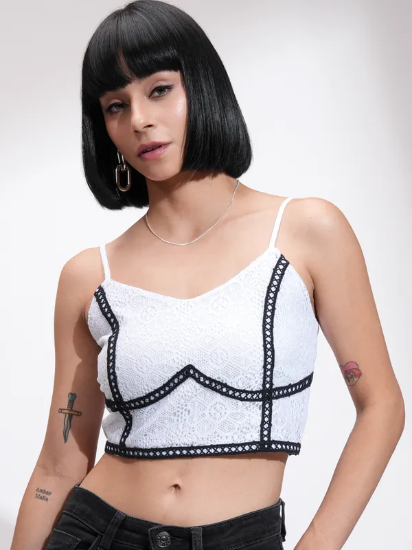 Tokyo Talkies Women White Self Design Fitted Top