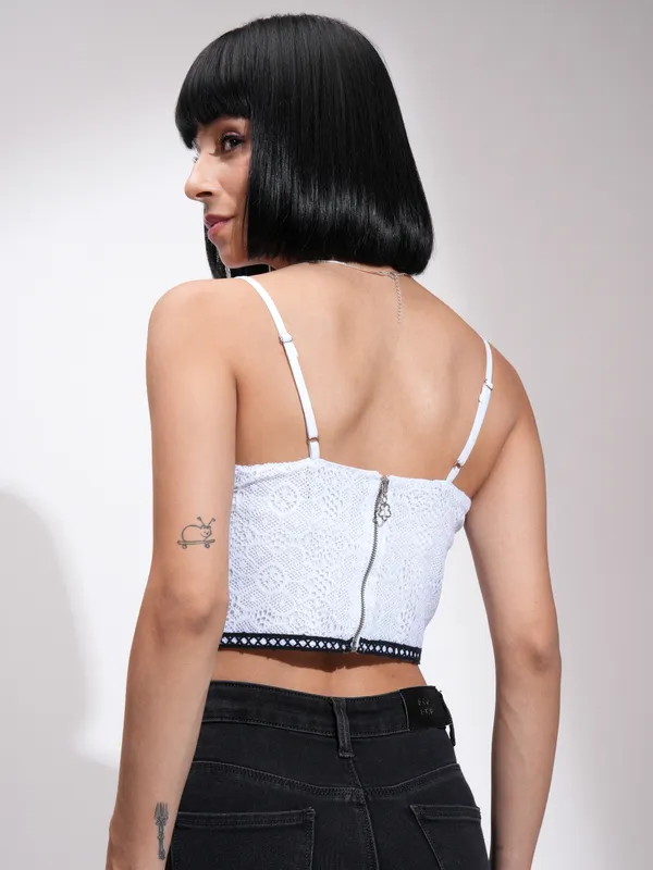 Tokyo Talkies Women White Self Design Fitted Top