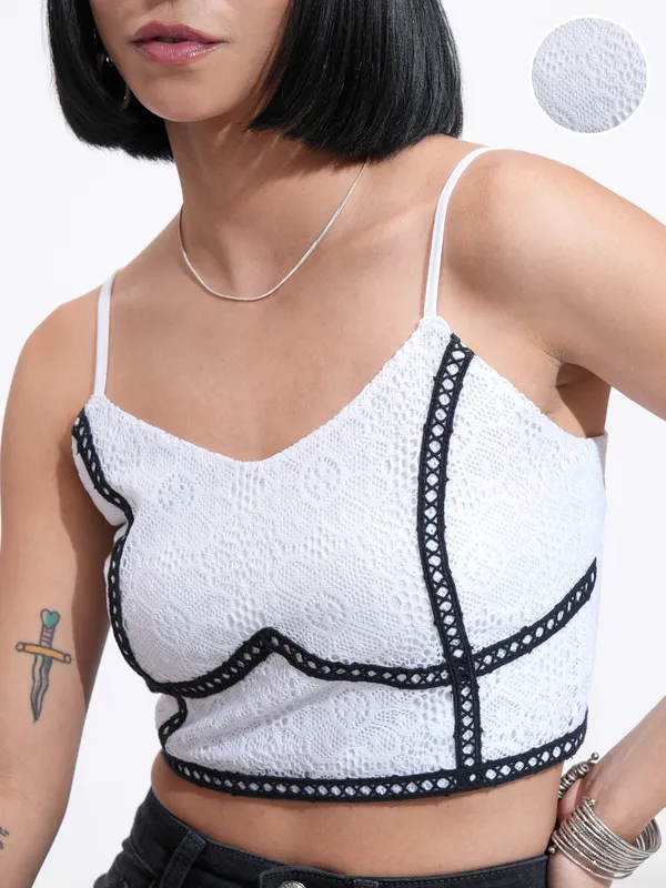 Tokyo Talkies Women White Self Design Fitted Top