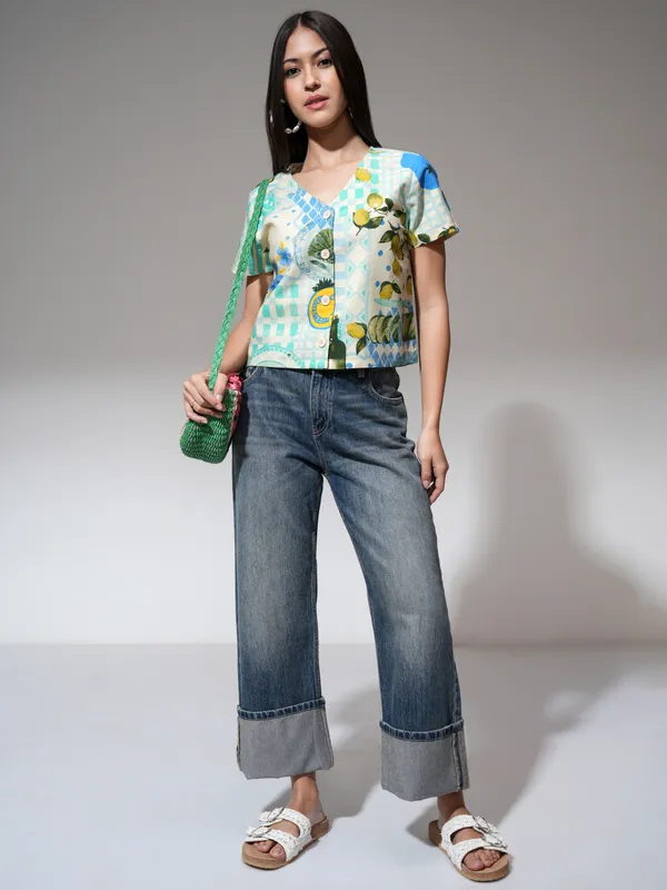 Tokyo Talkies Women Lime Green Printed Regular Top