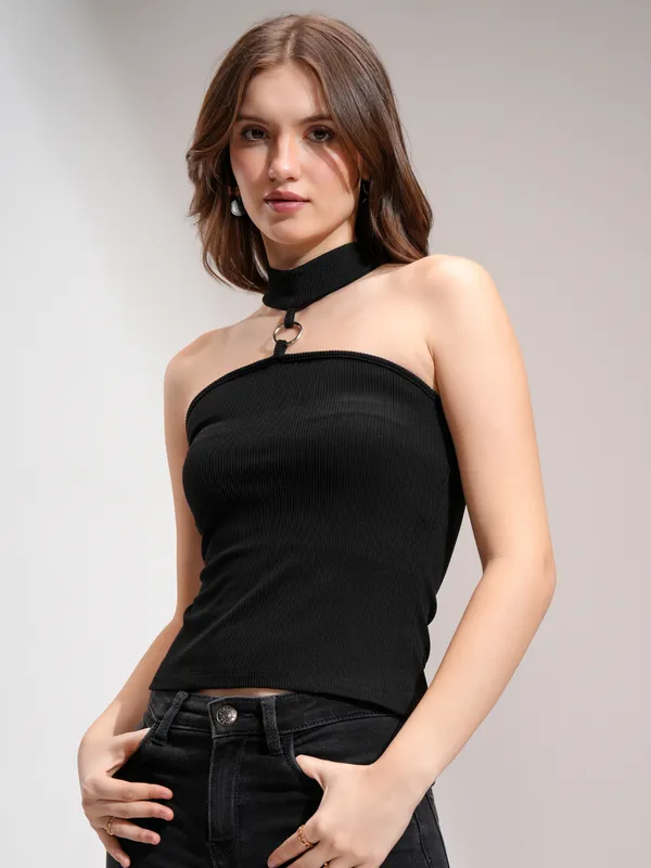 Tokyo Talkies Women Black Solid Fitted Top