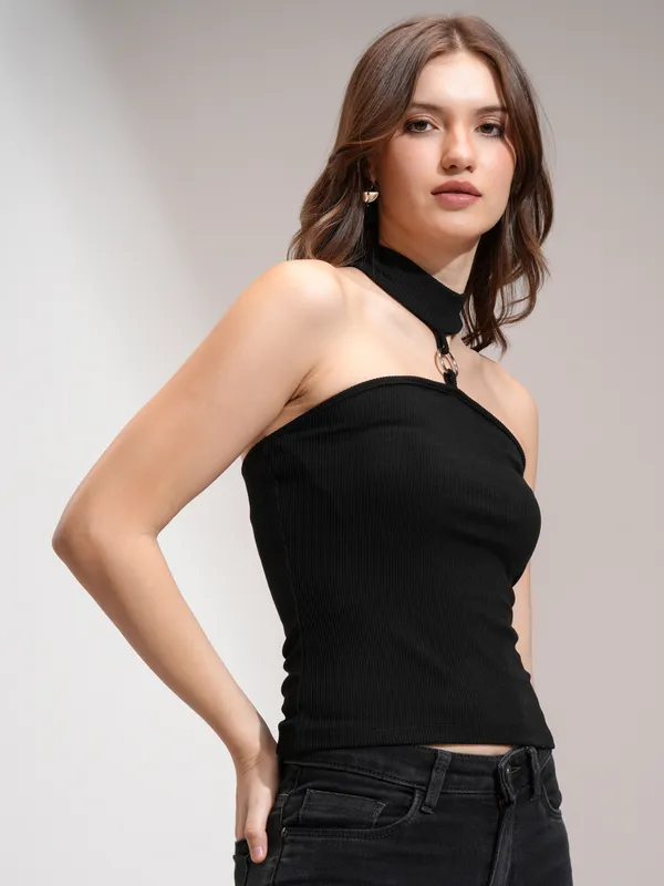 Tokyo Talkies Women Black Solid Fitted Top