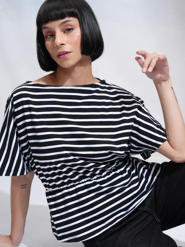 Tokyo Talkies Women Black Striped Regular Top