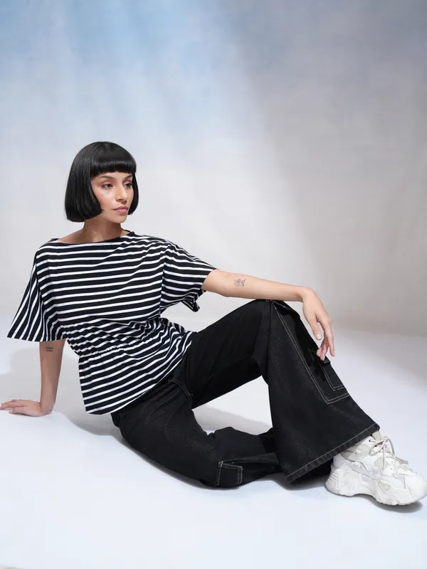 Tokyo Talkies Women Black Striped Regular Top