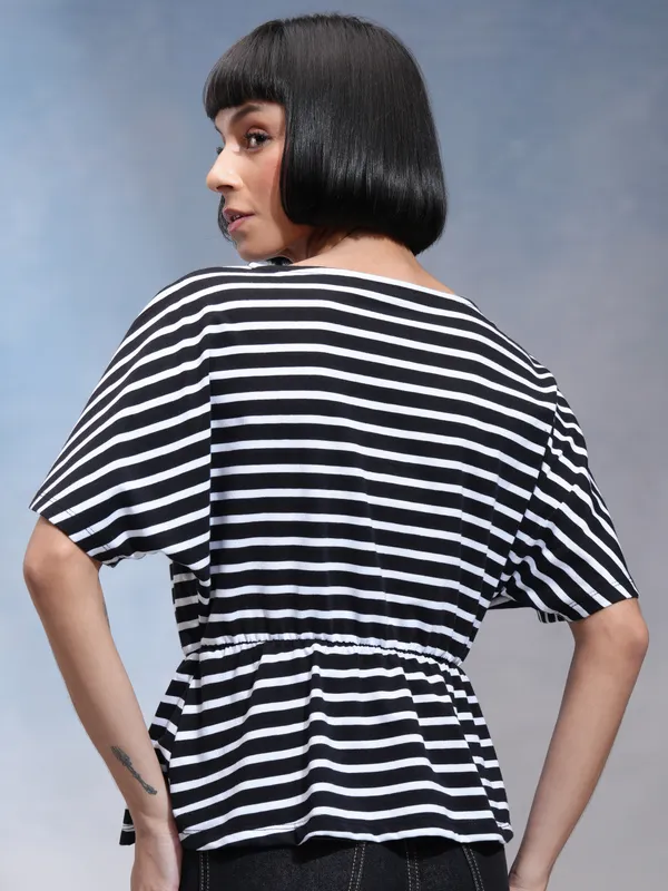 Tokyo Talkies Women Black Striped Regular Top