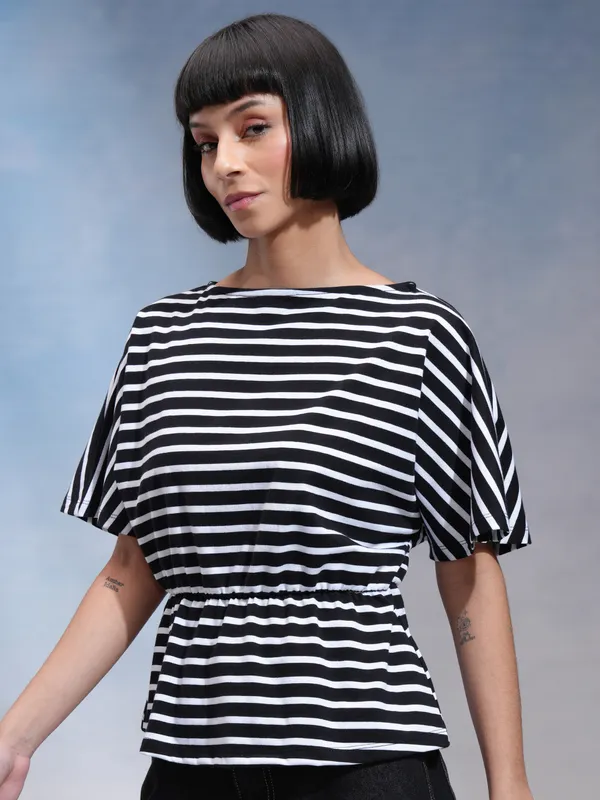 Tokyo Talkies Women Black Striped Regular Top
